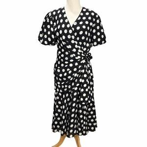 Vintage 80s Liz Roberts Wrap Dress Womens 8 Black White Polka Dots Classic Retro